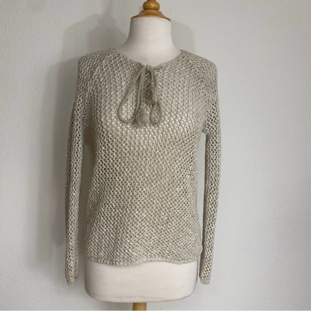 LOFT Petite Tan Crochet Open Knit Sheer Tassel Tie Sweater Size MP Coastal Boho